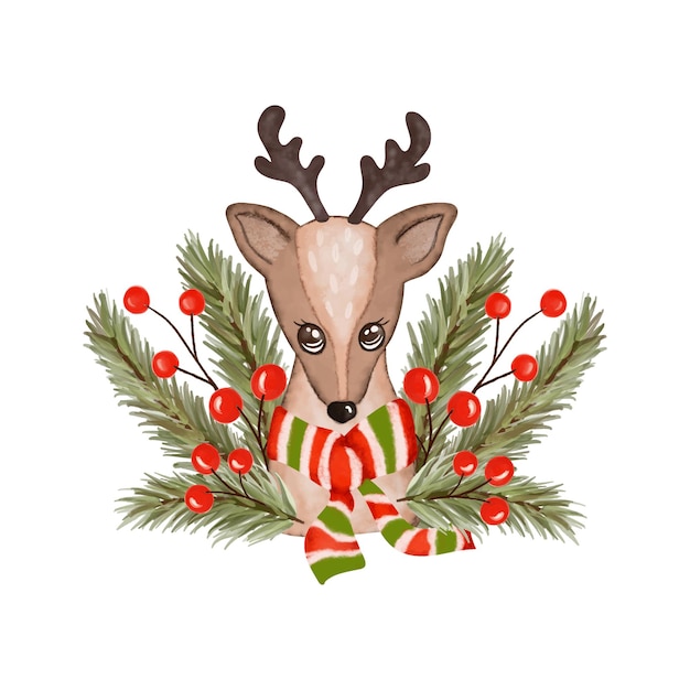 Watercolor cute deer christmas decoration with fir branch and red berry holly