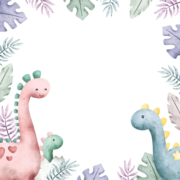 Watercolor cute dinosaurs in leaves frame