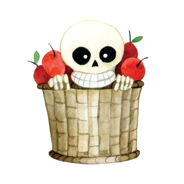 watercolor cute drawing for halloween the skeleton is hiding in a basket of apples vintage fairy