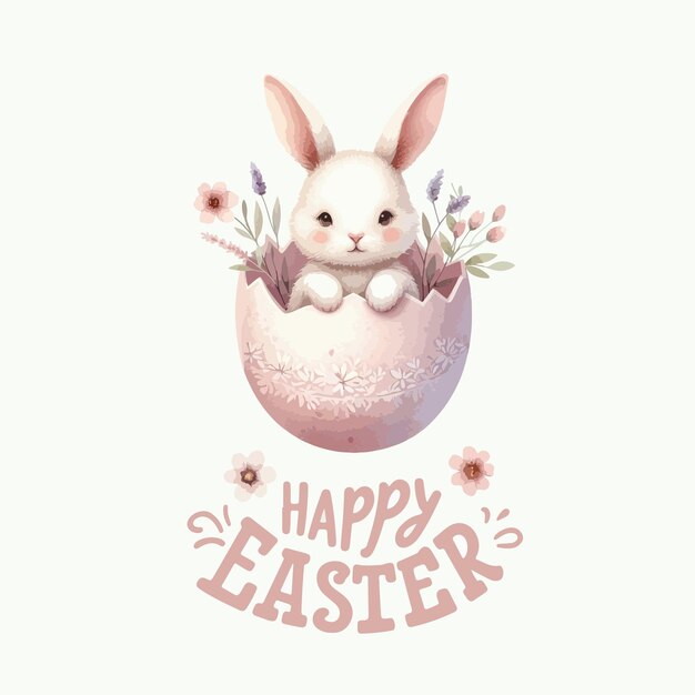 watercolor cute easter rabbit bunny and lettering happy easter