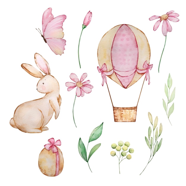 Watercolor cute Easter set bunny delicate flowers balloon and butterfliesxAxA