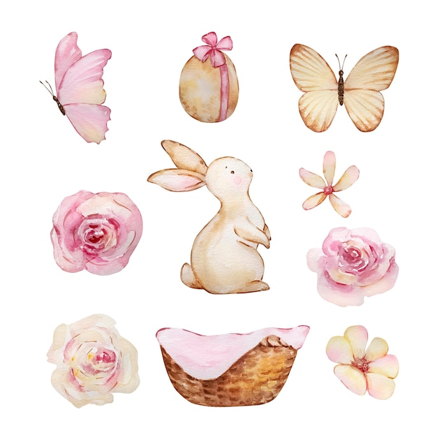 Watercolor cute Easter set rabbit