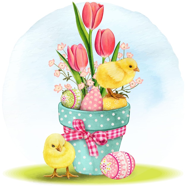 Watercolor cute easter vase with tulips chickens and colorful eggs