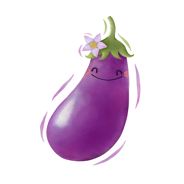 Watercolor cute eggplant cartoon character Vector illustration