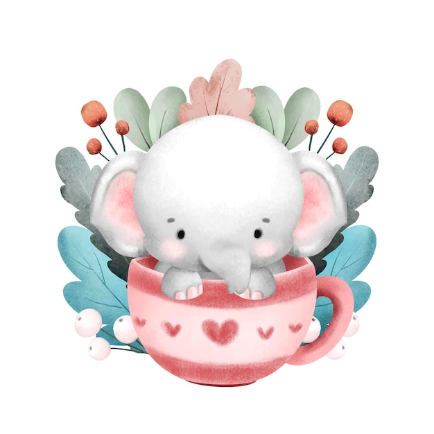 Watercolor cute elephant in cup and plant