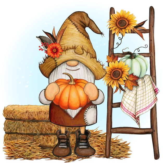 Vector watercolor cute fall season gnome