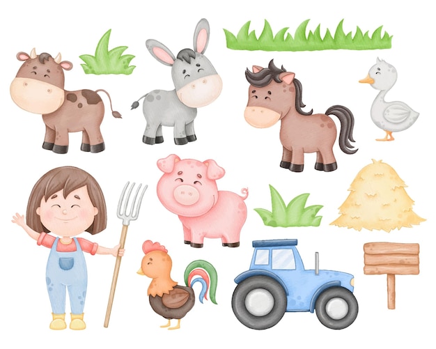 Vector watercolor cute farm set children print