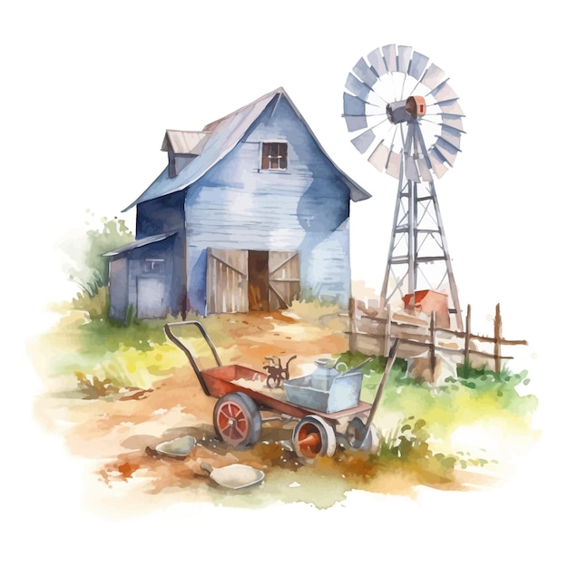 Watercolor cute farm with wind water pumping pitchfork shovel fence wheelbarrow bucket