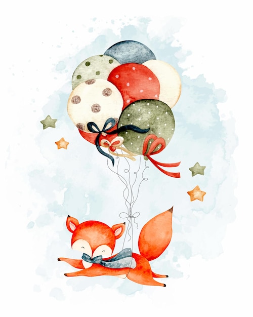 Watercolor cute fox flying with balloon