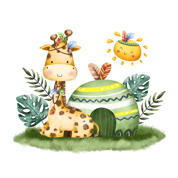 Vector watercolor cute giraffe safari tribal animals illustration