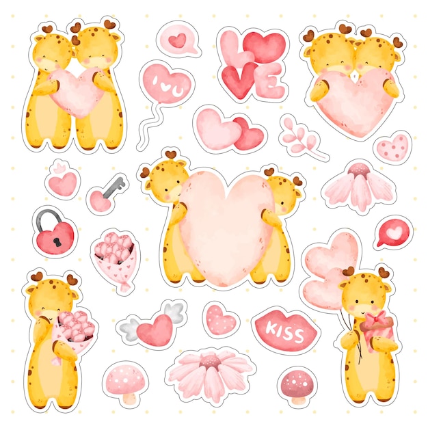 Vector watercolor cute giraffe with love elements sticker set