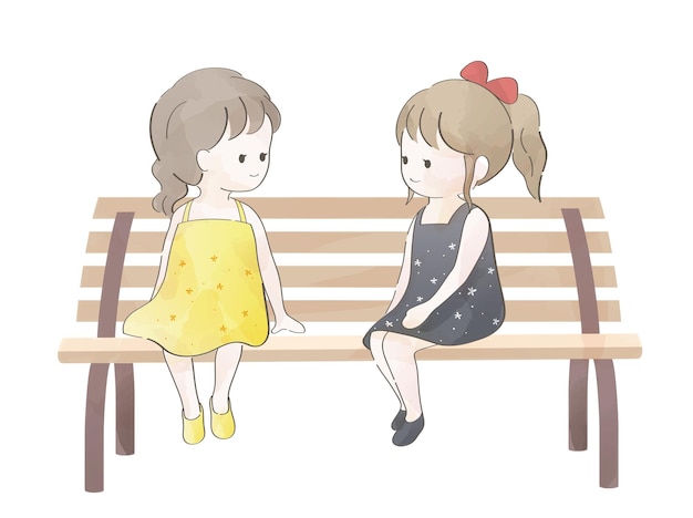 Watercolor Cute Girls Sit On A Bench And Chatting Vector Illustration On A White Background