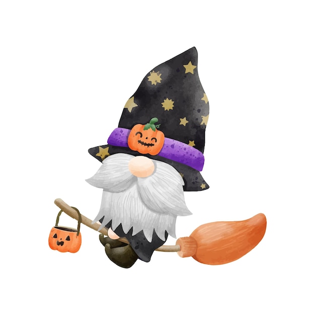 Vector watercolor cute gnome happy halloween party vector illustration on white background