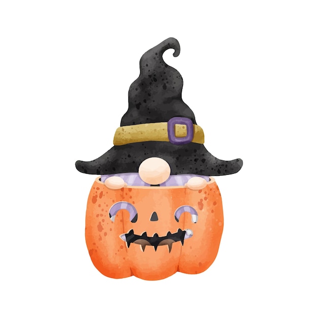 Watercolor cute gnome in pumpkin happy Halloween party vector illustration on white background