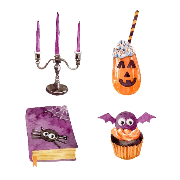 Watercolor cute halloween elements collection