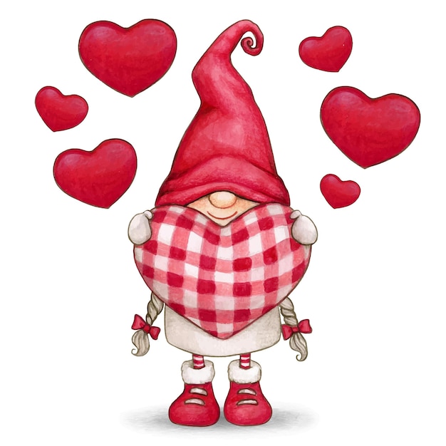 Vector watercolor cute hand drawn valentines day gnome