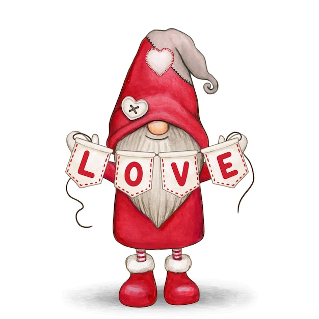 Watercolor cute hand drawn valentines day gnome