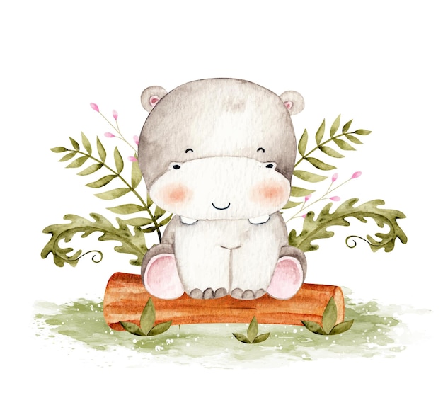 Watercolor cute hippo sitting on the log