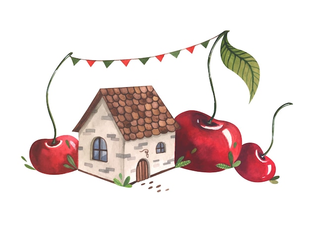 Watercolor cute house with cherries