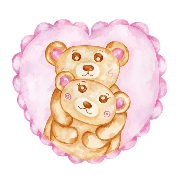 Watercolor cute hugging bears in a pink heart In love bears illustrationsRomantic hand draw design