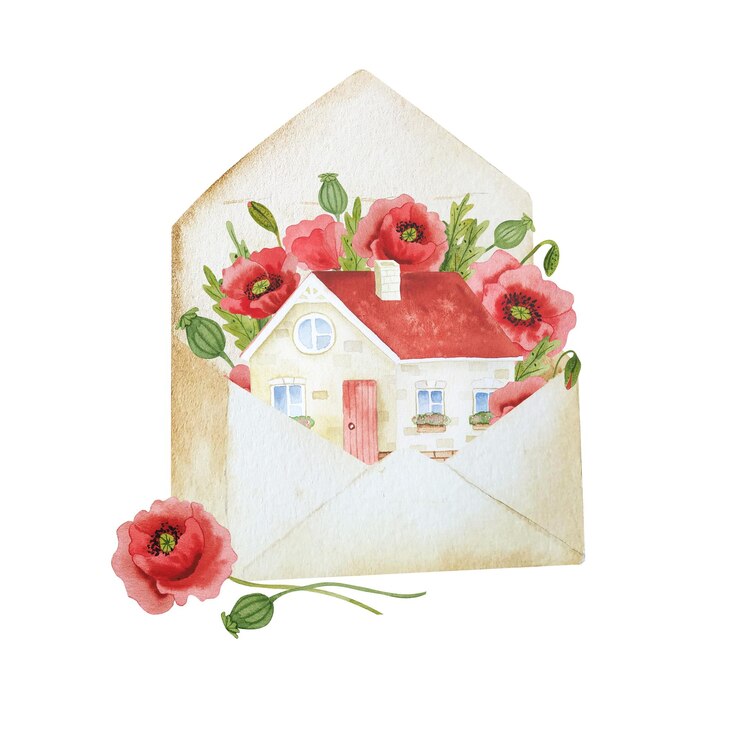 Watercolor cute illustrtation of home with flowers in envelope