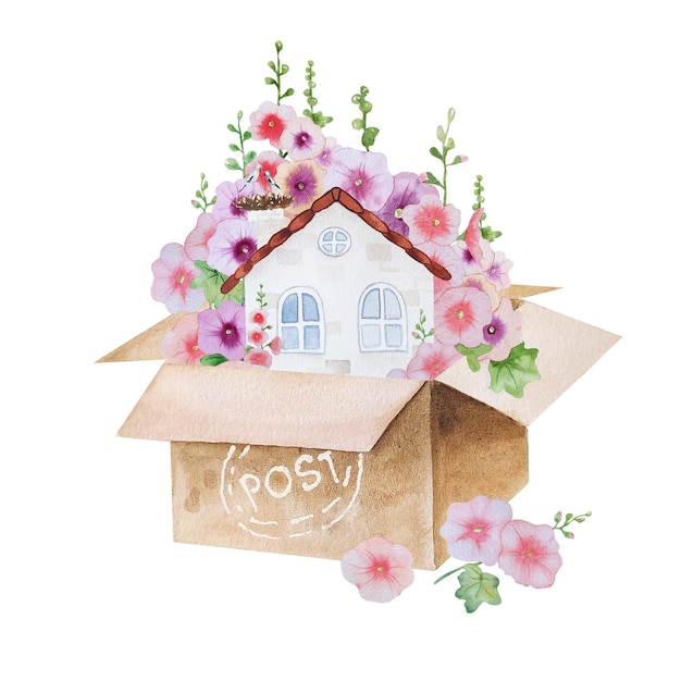 Illustrazione carina dell'acquerello di casa con fiori in scatola di carta postale