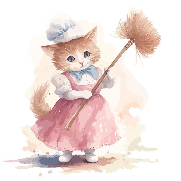 Watercolor Cute Kitten With Hat Maid Apparel and Broom