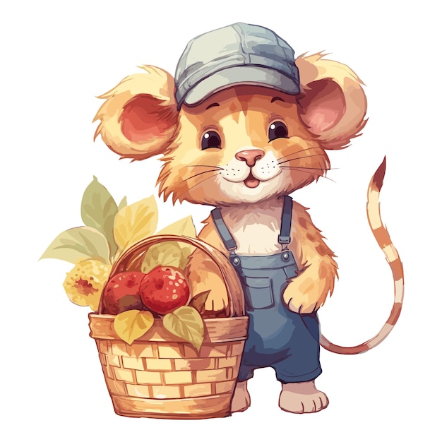 Акварельный милый лев в кепке и комбинезоне держит корзину с фруктами