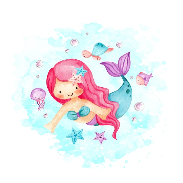 Watercolor cute little mermaid