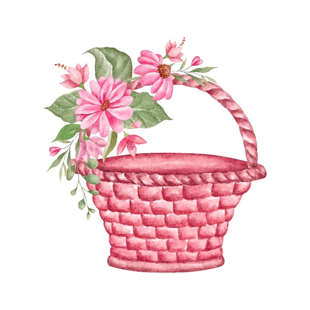 Watercolor cute lovely flower basket with floral ornaments