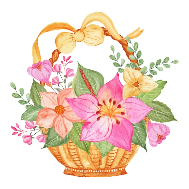 Watercolor cute lovely flowers basket with floral ornaments