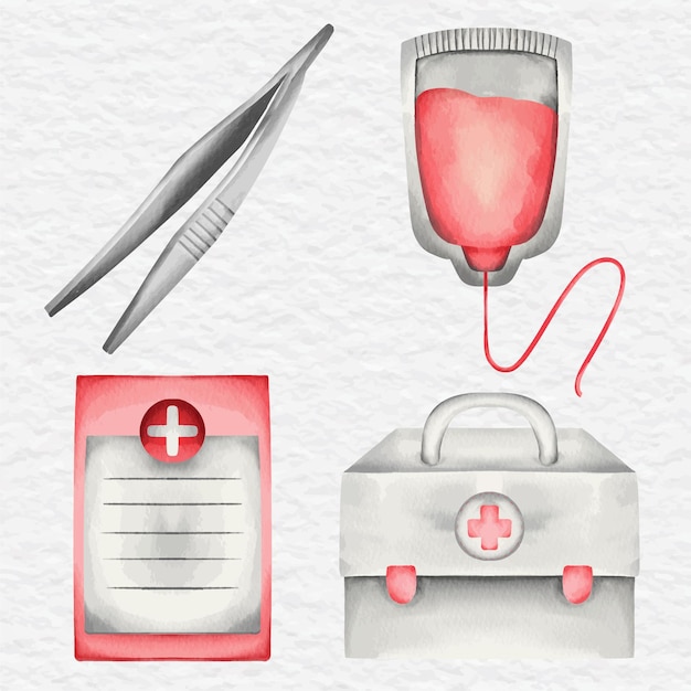 Vector watercolor cute medical and hospital equipment element clip art collection