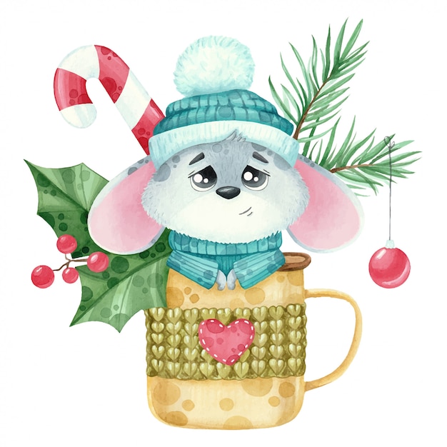 Акварельная милая новогодняя мышь в чашке с еловой ветвью.