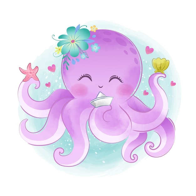 Vector watercolor cute octopus