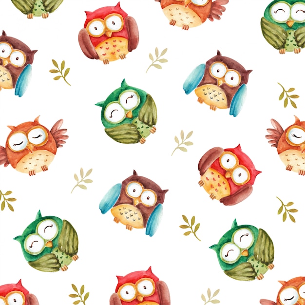 Watercolor cute owls seamless pattern