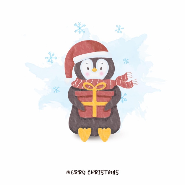 Il simpatico pinguino dell'acquerello ha un regalo di buon natale