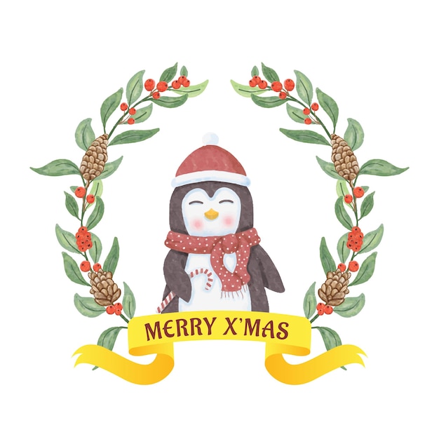 Vector watercolor cute penguin with christmas decoration