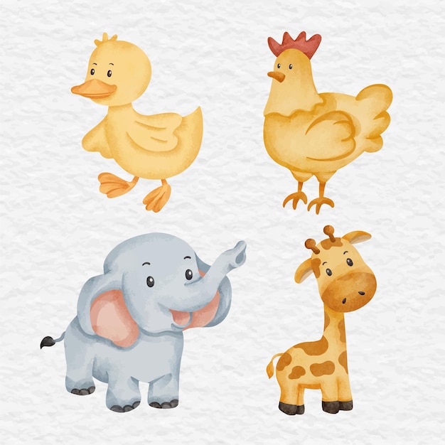 Vector watercolor cute pet wild animal clip art farm collection set