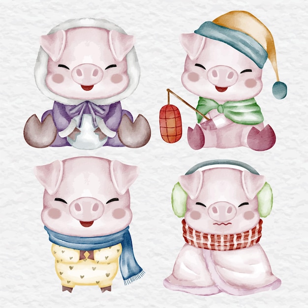 Vector watercolor cute pig character collection set