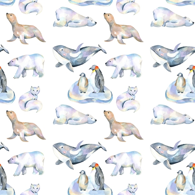 Watercolor cute polar animals illustrations seamless pattern