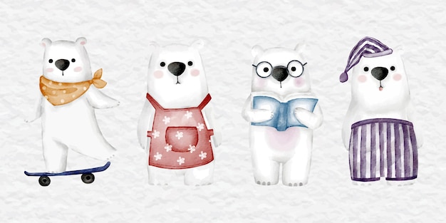 Watercolor cute polar bear character set