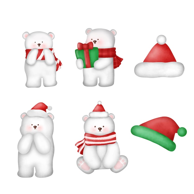 Vector watercolor cute polar bear christmas illustration