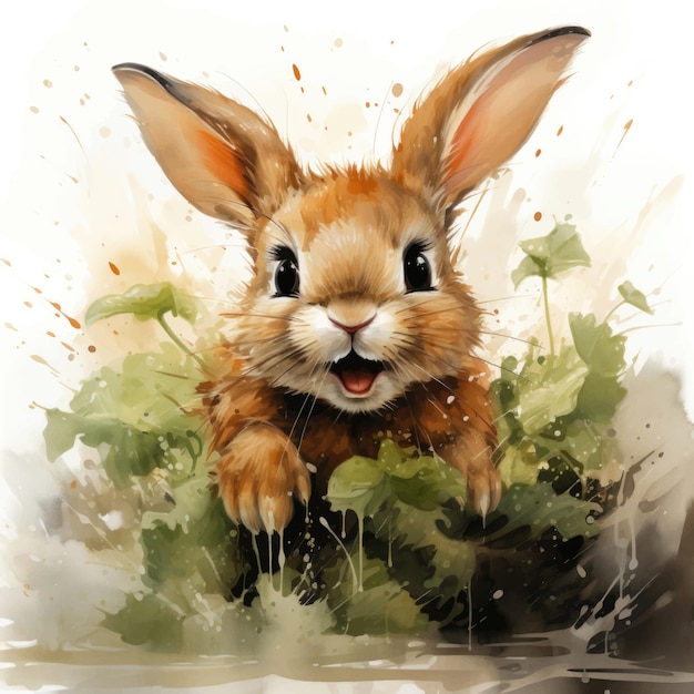 Vector watercolor cute rabbit in the grass vector illustration