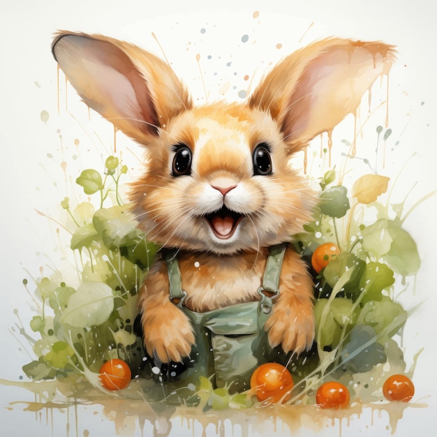 Vector watercolor cute rabbit in the grass vector illustration