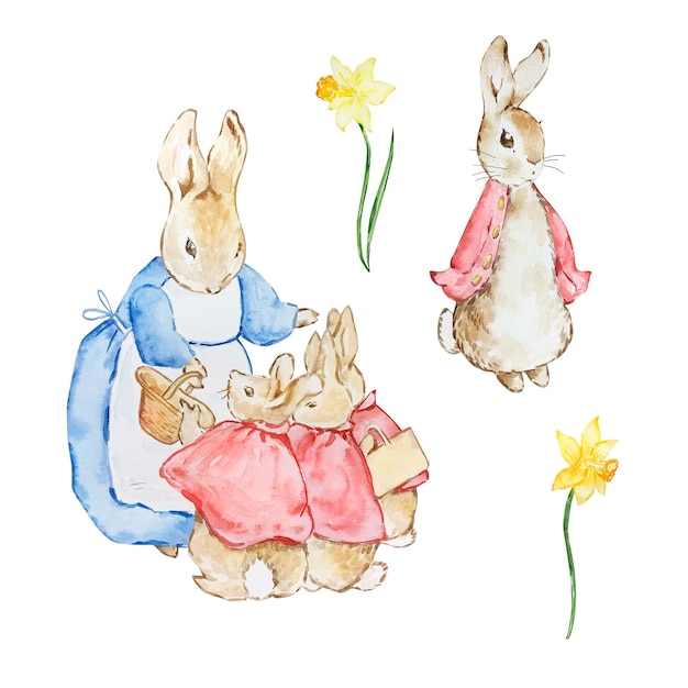 Vector watercolor cute rabbits in a blue jacket