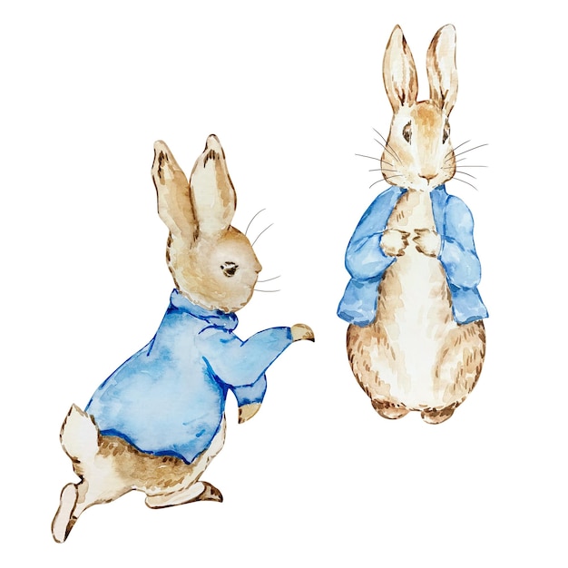 Watercolor cute rabbits in a blue jacket