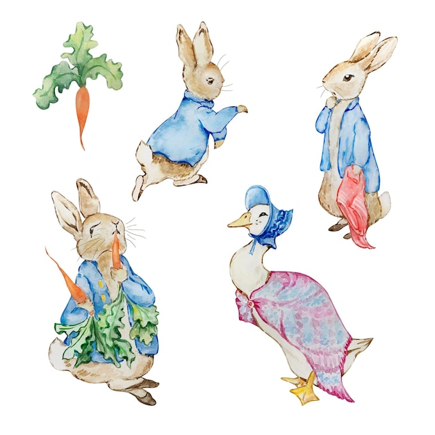 Watercolor cute rabbits in a blue jacket