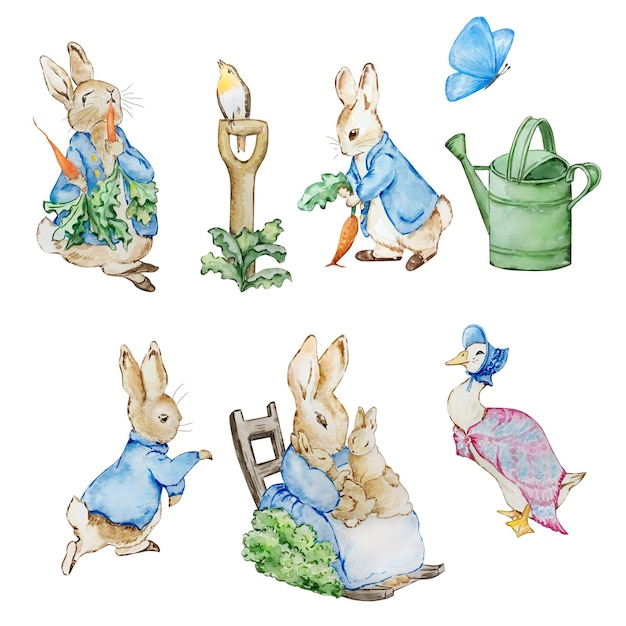 Watercolor cute rabbits in a blue jacket