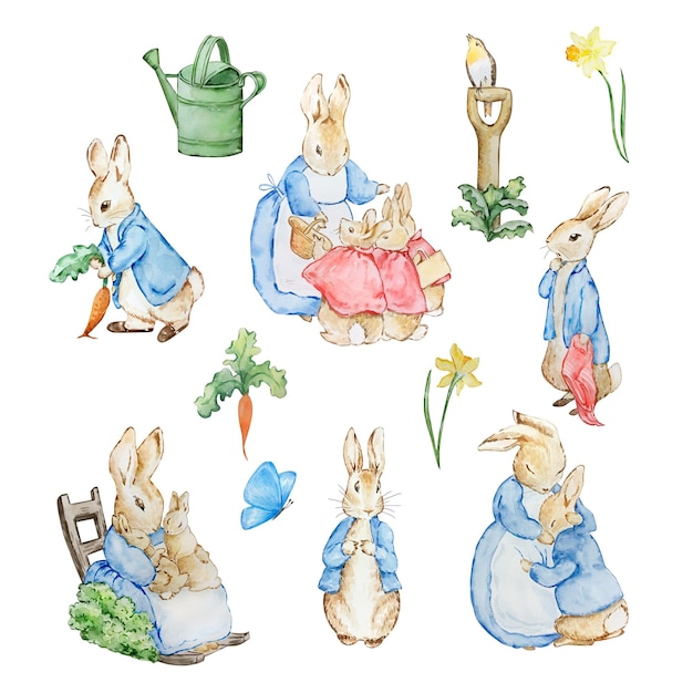 Watercolor cute rabbits in a blue jacket