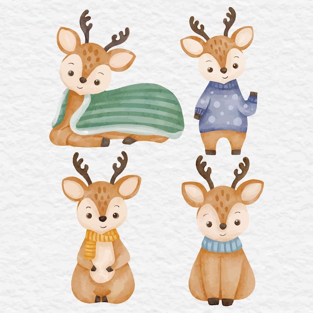 Vector watercolor cute reindeer character illustration